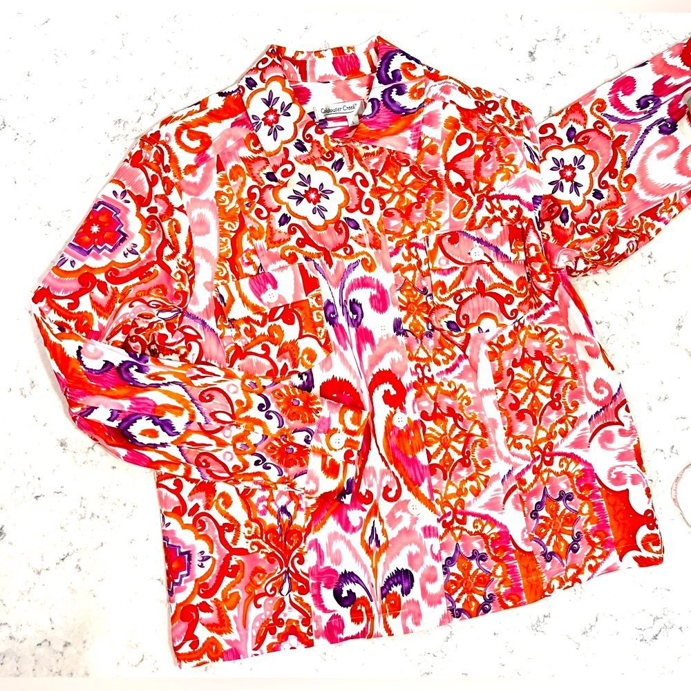Coldwater Creek Cotton Whimsy Paisley Jean Jacket Pink Orange Dopamine Dressing